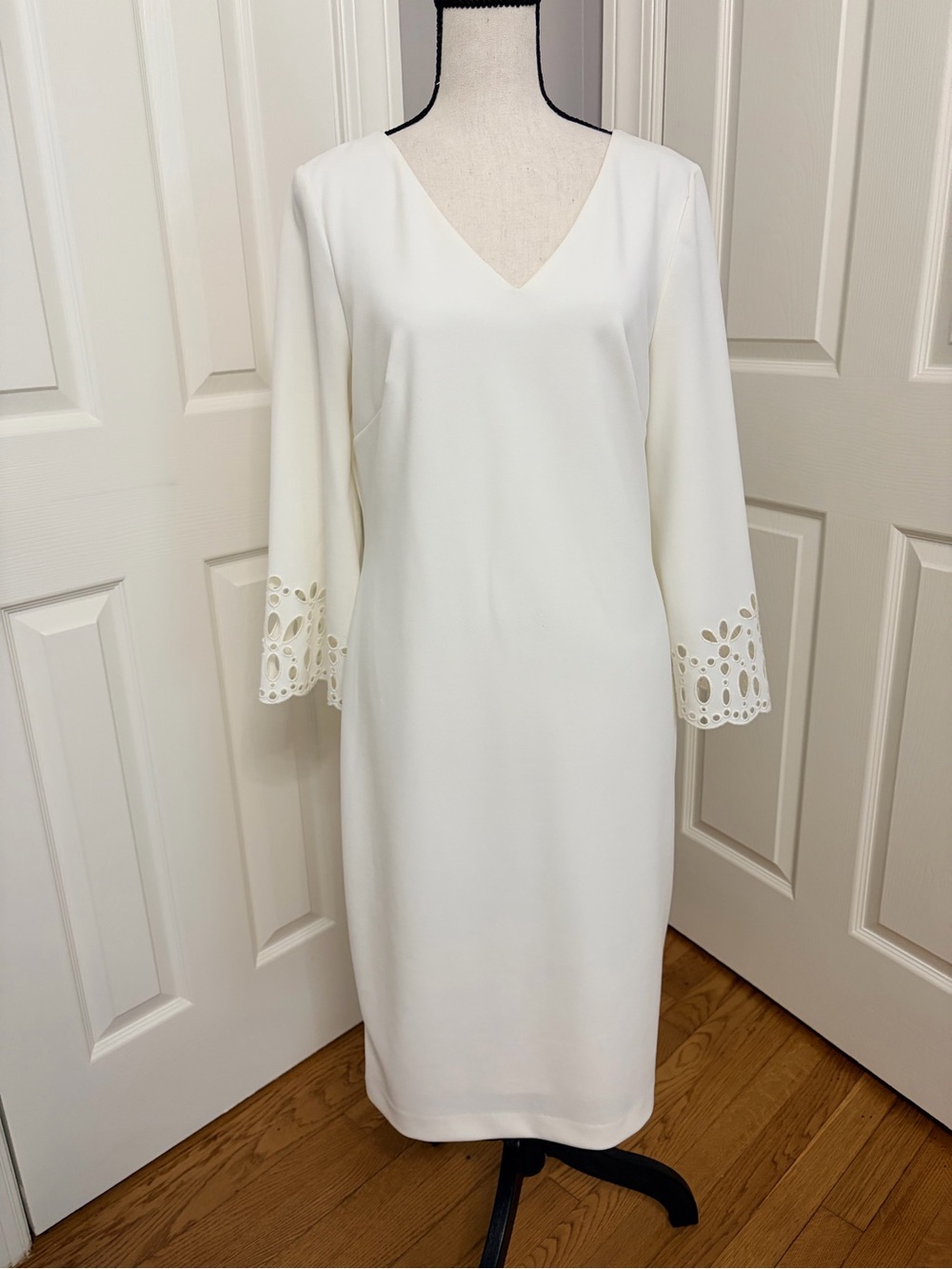 Calvin Klein Cream V-Neck Midi Dress with Eyelet Bell Sleeves